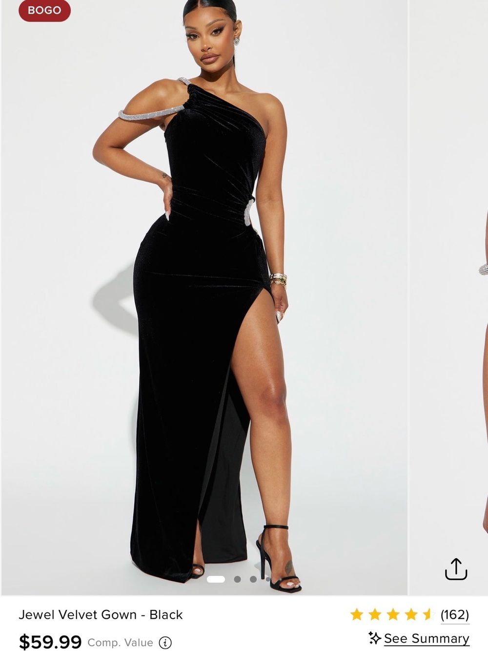 Fashion Nova Black One-Shoulder Velvet Gown with Jewel Strap